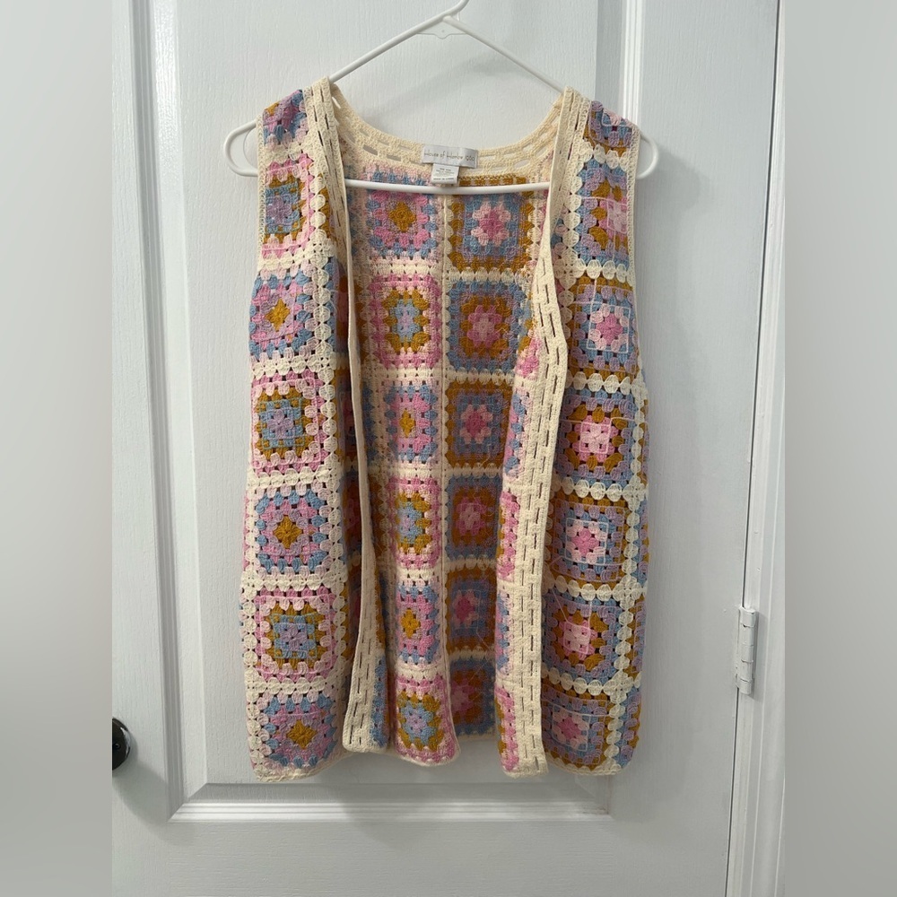 House of Harlow 1960 Knitted Crocheted Pastel Coastal Granny Square Vest One Sz